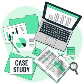 Auf einem weißen Hintergrund sind comicartig ein Laptops, ein Buch und mehrere Blätter mit Schrift und Diagrammen zu sehen. Auf dem weißen Blatt unten links steht "Case Study"