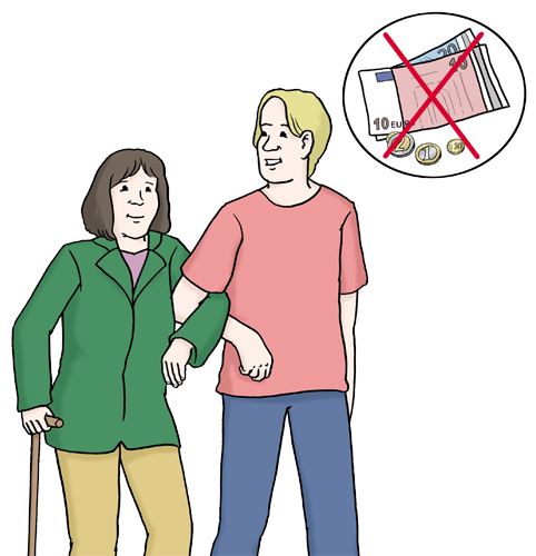 Leichte_Sprache_ehrenamt Zeichnung von zwei Personen, eine Person nimmt andere unter dem Arm und hilft, im extra Bild ist Geld durchgestrichen