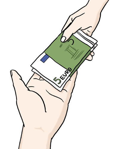 Leichte_Sprache_geld_bekommen Zeichnung eine Hand reicht der anderen Hand Geldscheine